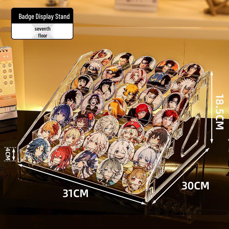 Transparent Acrylic Badge Display Stand: Tiered Desktop Organizer for Gacha, Merchandise, and Pins.