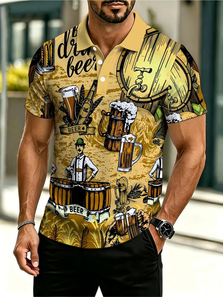 Men's Novelty Polo Shirt, Vintage Beer Culture Design,, Mixed Color, Multiple Specifications Available, Festive Rustic Style, Born to Drink Beer
