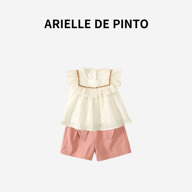 French Arielle De Pinto Girls Summer Fashionable Sleeveless Lace Shirt Two-Piece Set Pink 80
