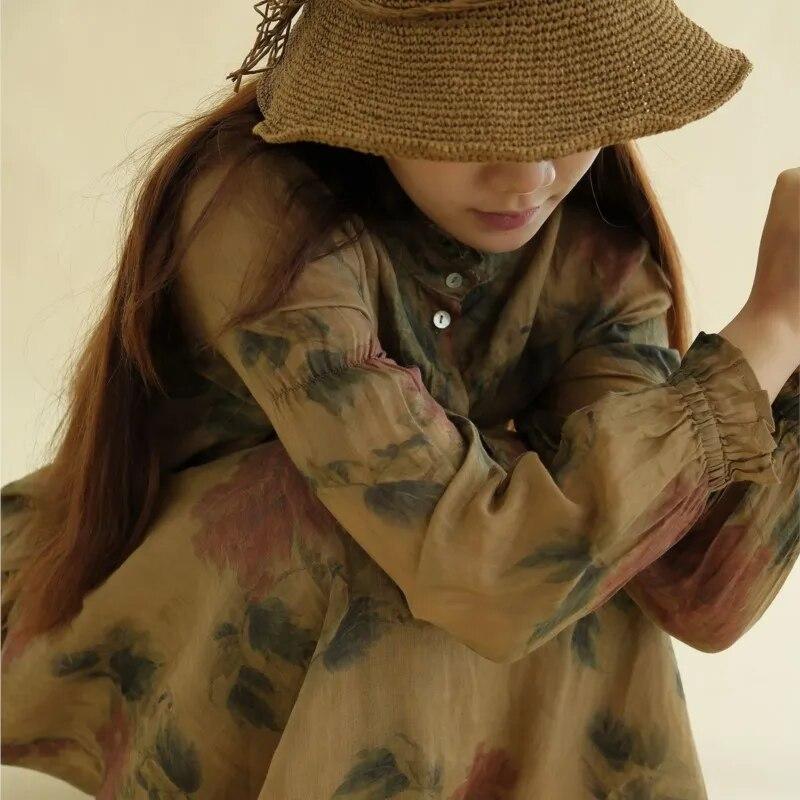 Johnature Women Print Floral Shirts Tops Ramie Stand Long Sleeve Button Autumn Blouses High Quality Vintage Shirts