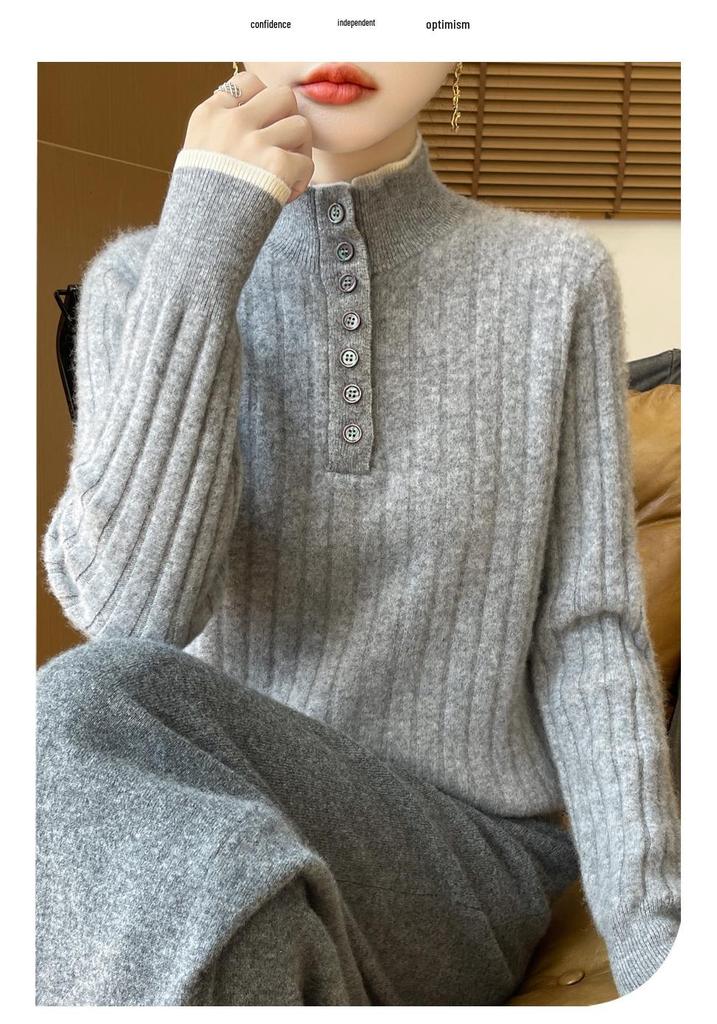 2025 Korean Style Double Stand Collar Wool Sweater - 100% Pure Wool Thickened Knitwear