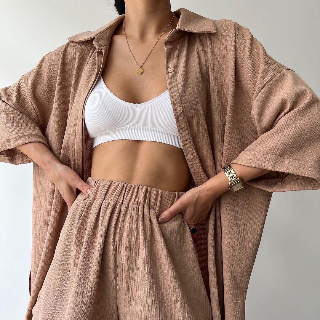 

BITCEDN Женский индивидуальный костюм с рубашкой и шортами со средними рукавами и разрезом XL верблюд