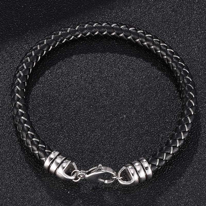 New Fashion Men Leather Bracelets Stainless Steel Simple Hook Clasps Cuff Bangles Male Female Wrist Band Gift