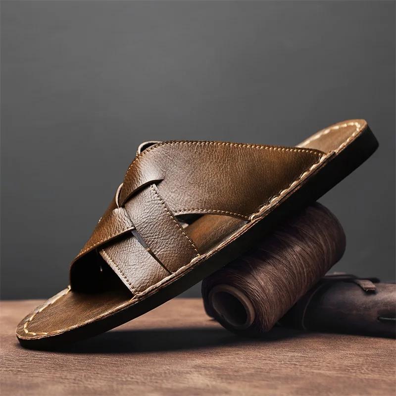 Fashion Summer men's slippers, women's flat bottomed beach breathable genuine leather business casual non slip lightweight sandals