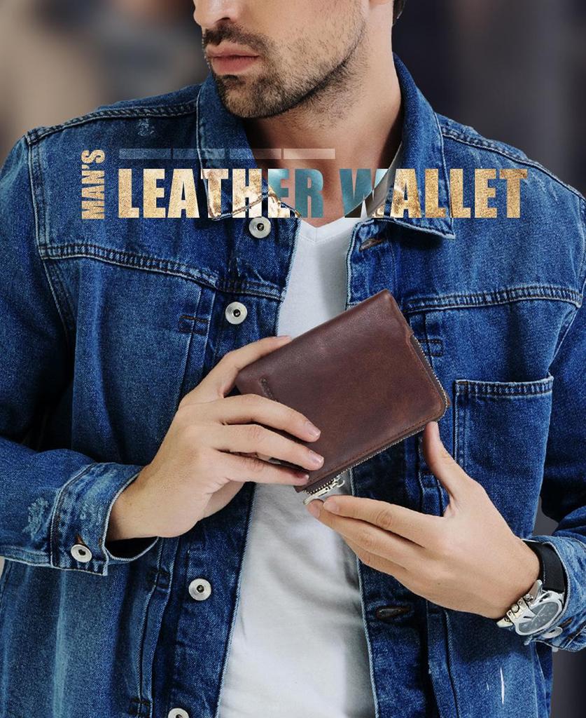 Black Angel RFID Anti-Theft Men's Wallet - Genuine Cowhide, European & American Trend, Zipper Coin Purse.