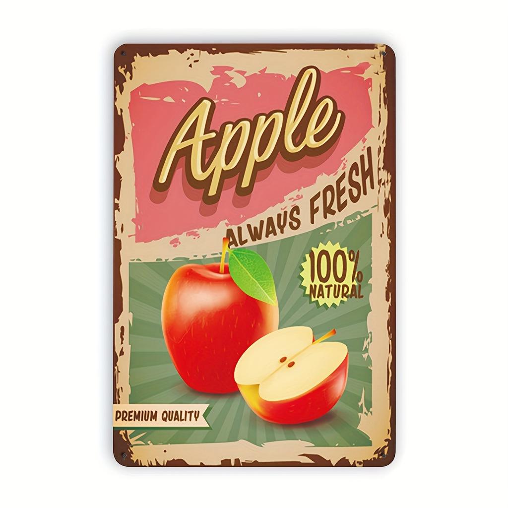Vintage Apple Tin Sign Wall Art, Always Fresh Retro Metal Poster, Premium Quality Kitchen/Home Decor, Rustic Fruit Illustration