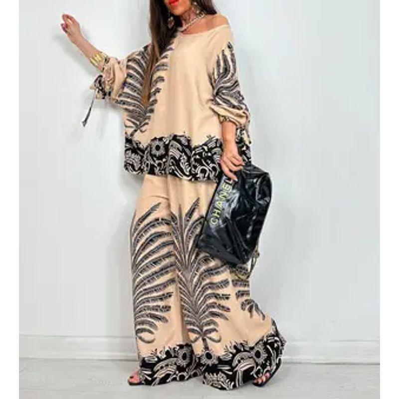 

2025 European and American Summer Loose Women clothes Print 2-Piece Casual Set Summer Leisure Set Beige 3XL