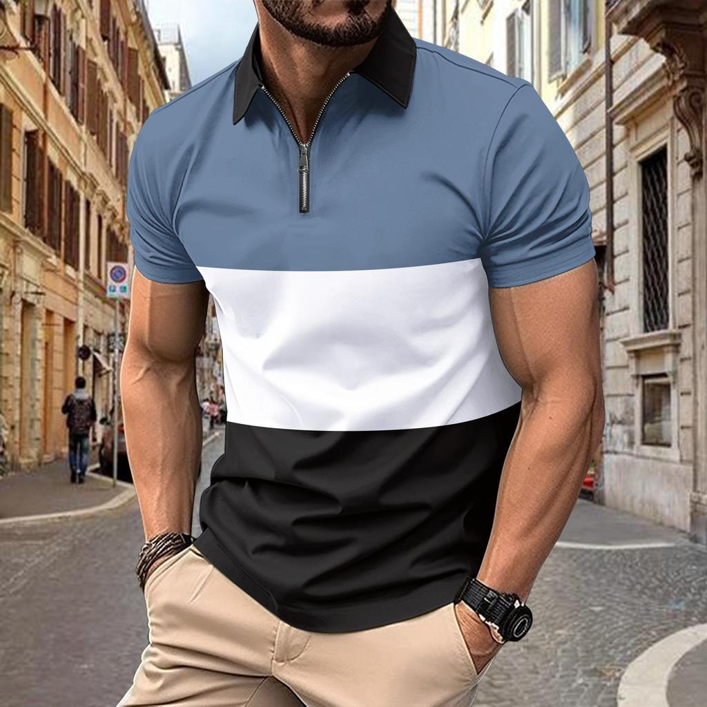 New Summer Men's Casual Polo Shirt with Digital Print Colour-Blocking, Zip-Up Collar Top T-Shirt