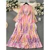 Spring and Autumn French Court Style Temperament French Mesh Dress Women's Swing A-line Printed Long Dress