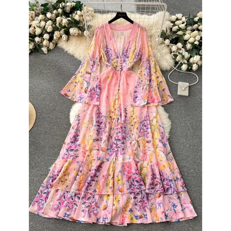 Spring and Autumn French Court Style Temperament French Mesh Dress Women's Swing A-line Printed Long Dress