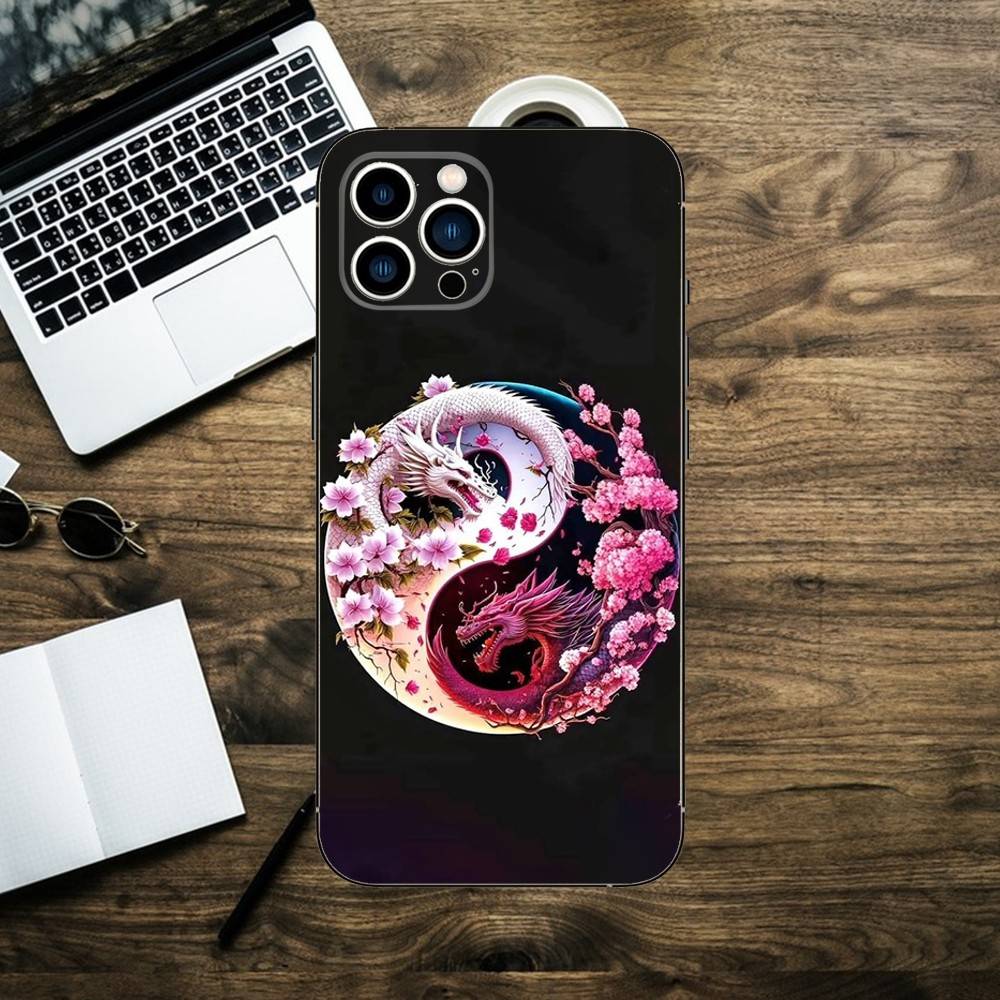 Japanese Art Dragon Yin Yang Phone Case For iPhone 16,15,14,13,12,11,XS,XR,X,8,7,Pro,Max,Plus,mini Silicone Black Cover