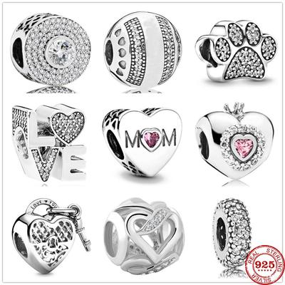 925 Sterling Silver Sparkling Paw Print Pink Mom Lock To Heart White Zirconia Bead Fit Charm Bracelet Diy Women Jewelry
