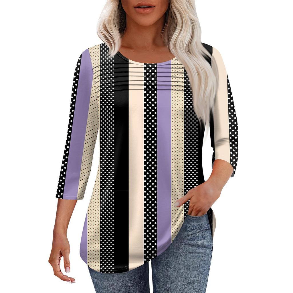 Dámský módní top s kulatým výstřihem, plisovanou přední légou, jednobarevný, s 3/4 rukávy