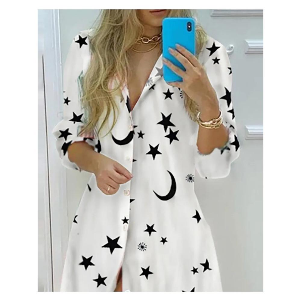 Frühling Herbst Sexy Polokragen-Shirtkleid Damen Langarm Retro-Stil Personalisiertes Druckkleid Lässiges Shirtkleid