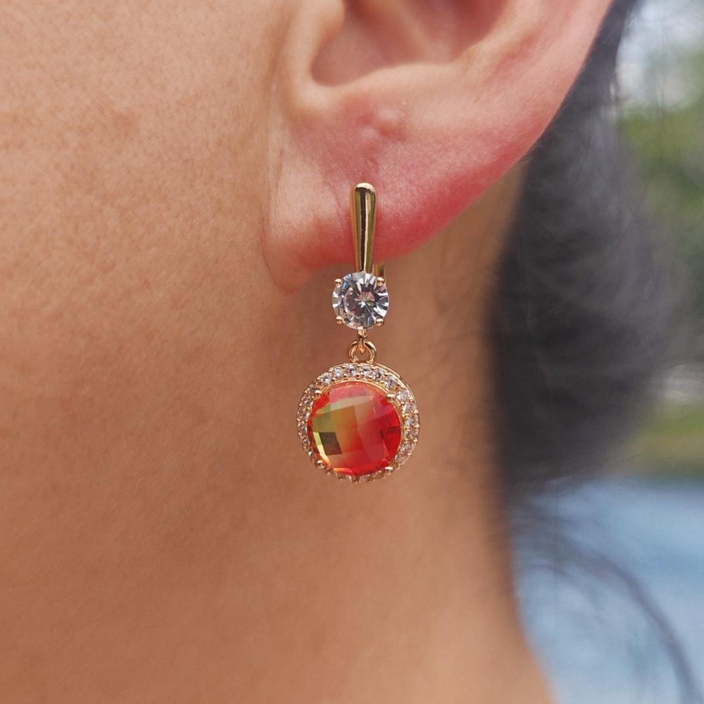 3pcs/set Luxurious  Colorful Cubic Zirconia Round Dangle Earrings Jewelry Sets for Women Wedding Daily Accessories with Stainless Steel Necklace