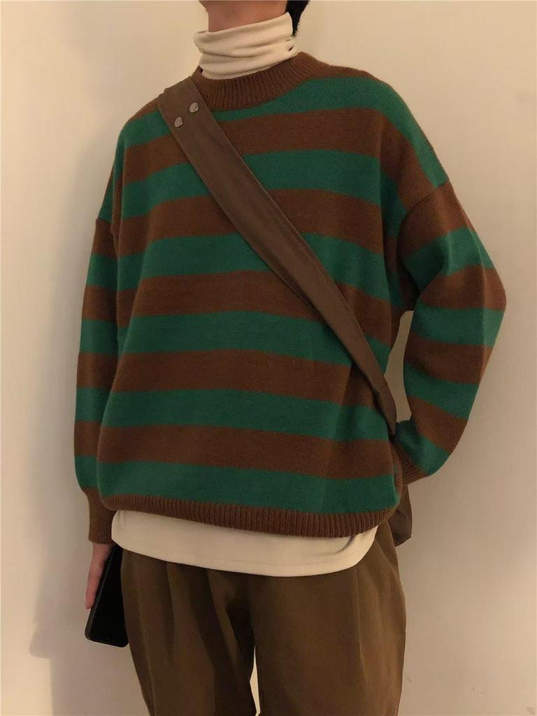 Men's Retro Striped Sweater: Korean Style, Loose Fit, Round Neck, Autumn/Winter Trendy Casual Unisex Knitwear