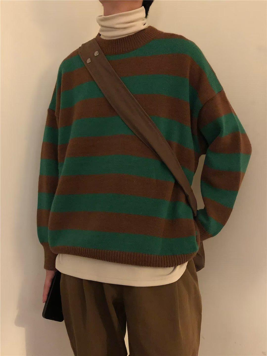 

Мужской ретро-полосатый свитер: Корейский стиль, свободный крой, круглый вырез, модный повседневный трикотаж унисекс на осень/зиму Large