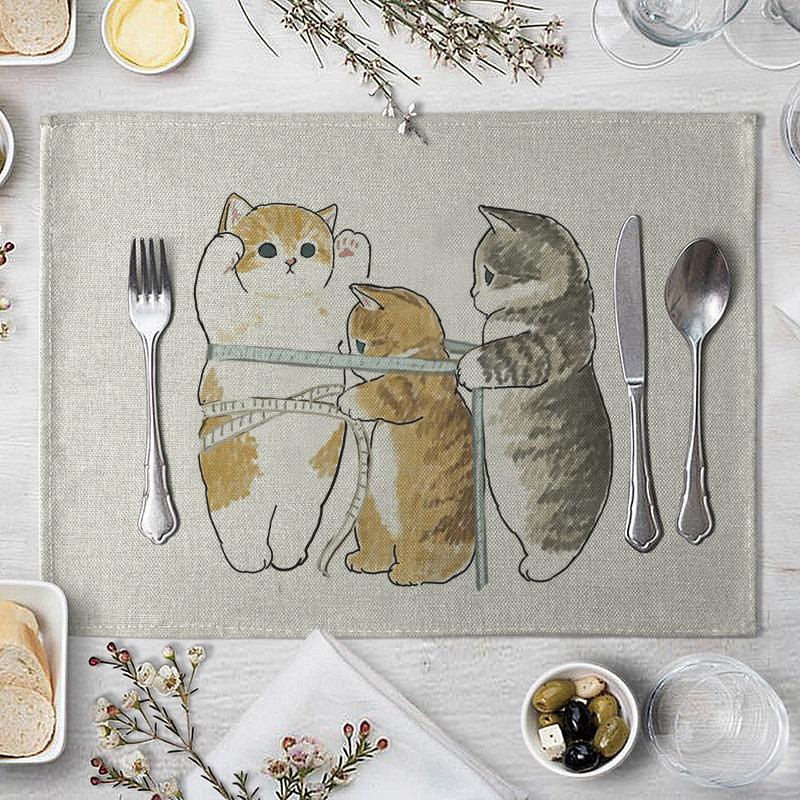 1 Pcs Dining Table Mats Cute Funny Cat Pattern Kitchen Placemat Drink Coasters Western Pad Cotton Linen Cup Mat Table Dining