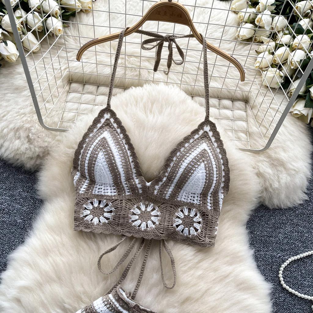 Summer Beach Vacation Knit 2pcs Suits Women Halter Sleeveless Lace Up Camis Elastic Waist Shorts Hook Flower Hollow 2pcs Set