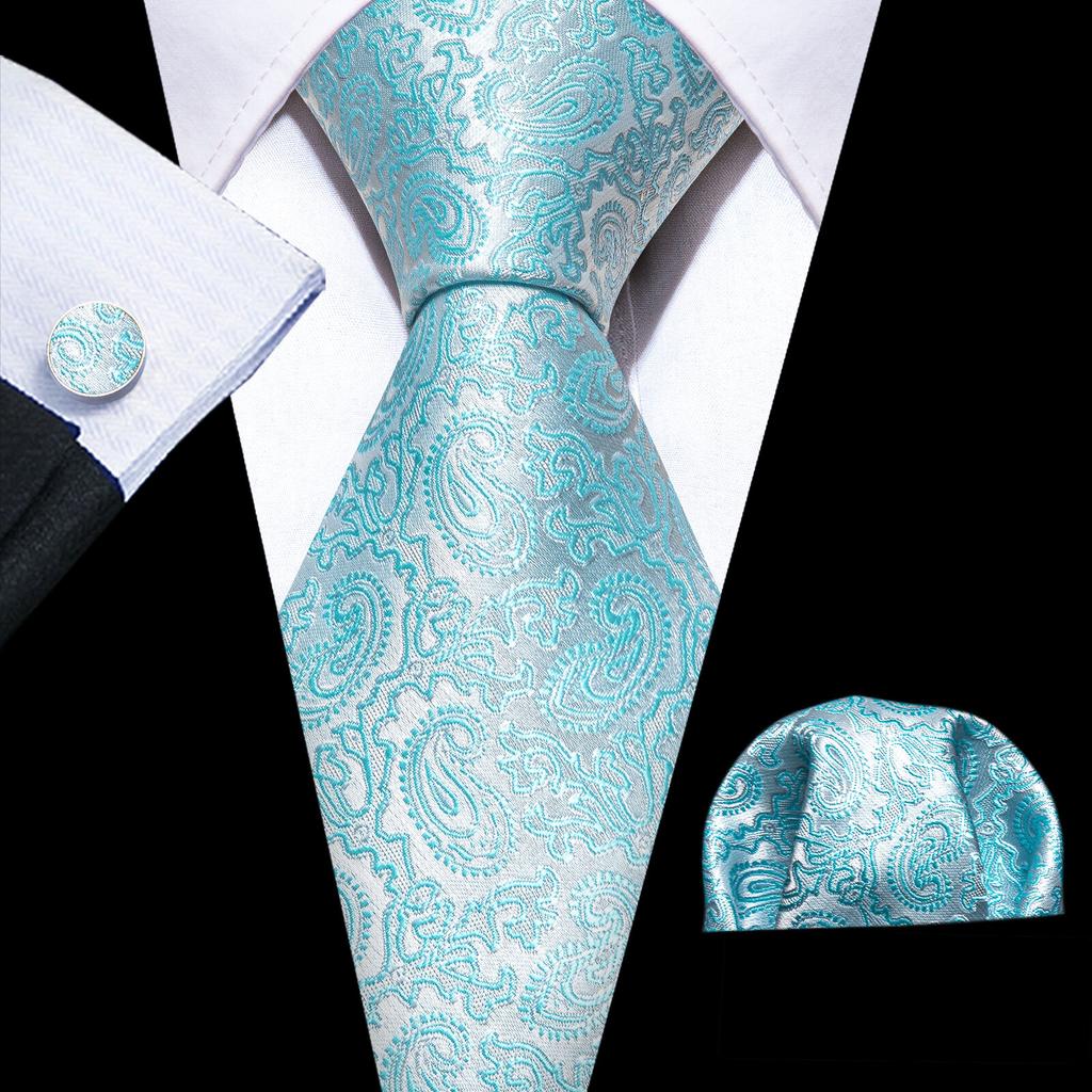 Barry.Wang Krawatten-Taschentuch-Manschettenknöpfe-Set, exquisites, saphirblaues Muster, Jacquard-Gewebt, Hochzeit