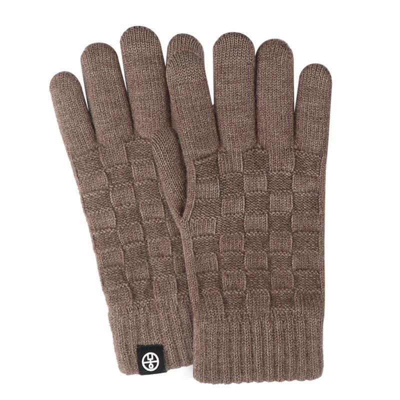 Autumn and winter wool gloves checkered thickened velvet jacquard large size cold-proof cycling warm gloves