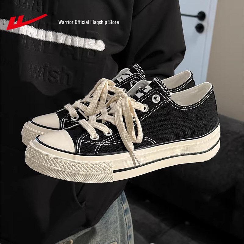 2026 Spring Warrior Low-Top Canvas Shoes: Black & White Casual Sneakers for Men & Women with Thick Soles