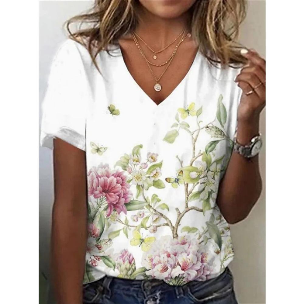 New Women T-shirt Simple Graphic Print Oversized Women's Trending Clothing Fashion Short Sleeve Shirt Women V-Neck Blouse 2025