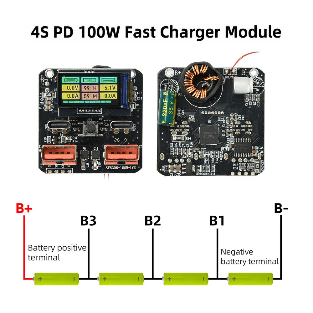 PD 100W 4S Fast Charger Mainboard Bidirectional Lithium-Ion Battery Integrated Charging and Discharging Module with Color Screen