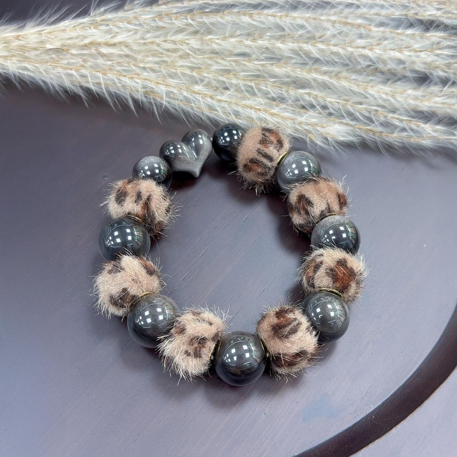 Silver Obsidian Leopard Print Tassel Bracelet with Peach Beaded Melamine Pendant