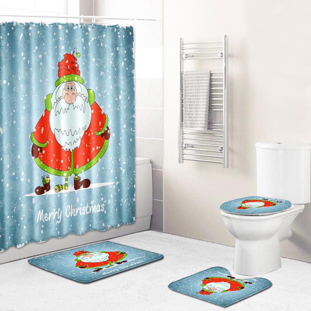 Christmas Shower Curtain Floor Mat Combination Four-Piece Set Bathroom Toilet Carpet Shower Room Mat Foot Mat