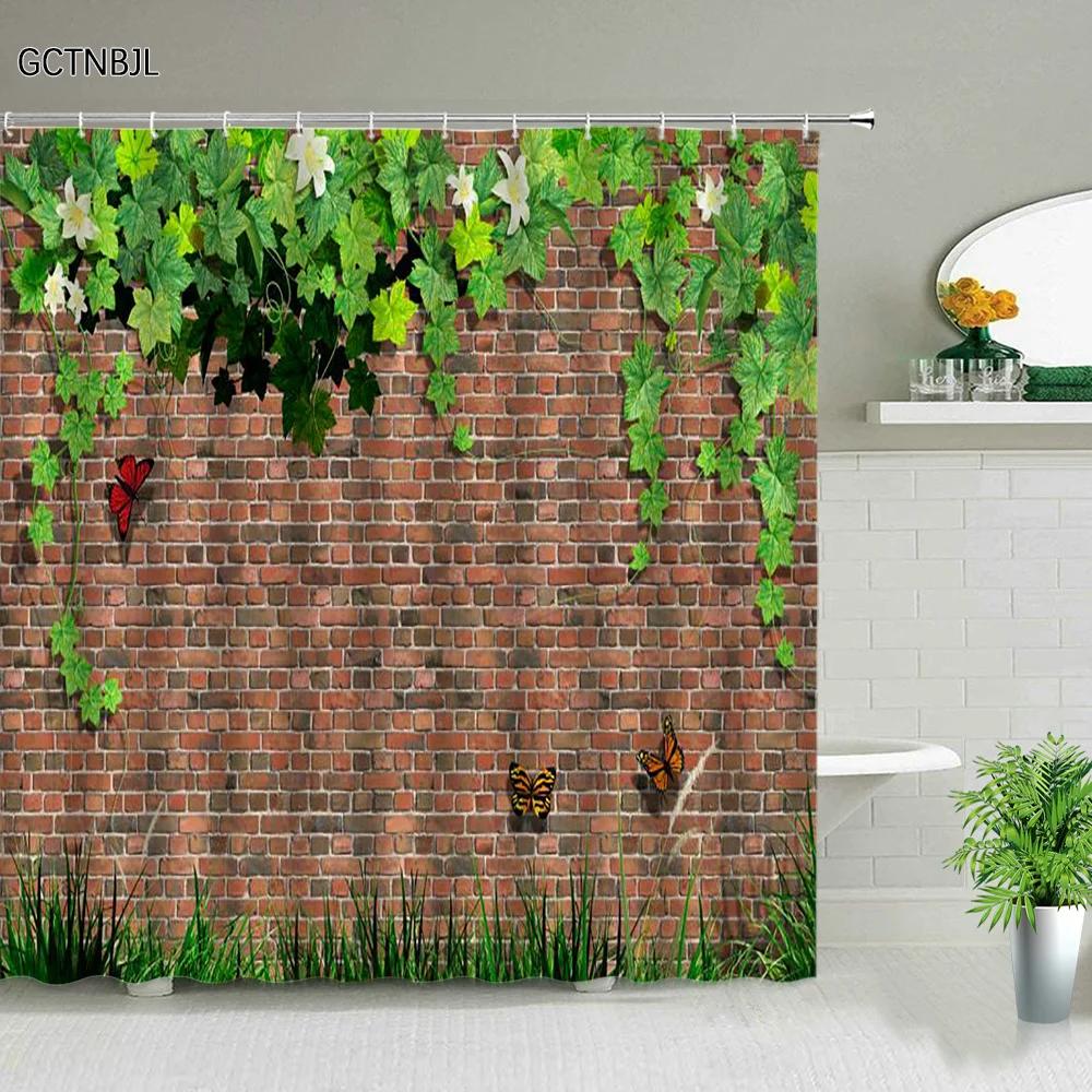 Flowers Green Plants Shower Curtains Set Bathroom Decor Garden Background Wall Hanging Cloth Washable Bathtub Screen With Hooks