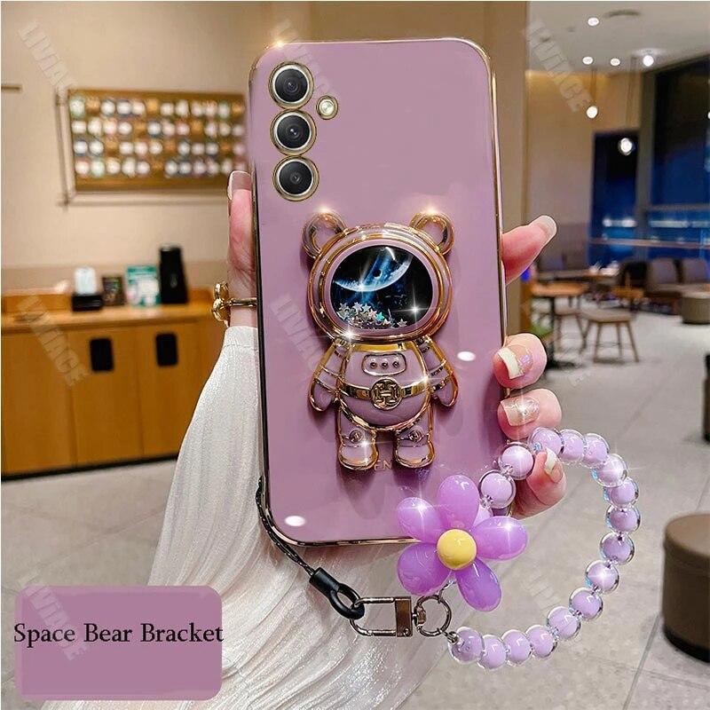 

Чехол для телефона с астронавтом и цветочным ремешком для Samsung S24 S23 Ultra S22 S21FE A15 A14 A24 A34 A54 A13 A23 A33 A54/Redmi 12 12C 10 Note 12 11, чехол-ремешок с подставкой Xiaomi 11Tpro фиолетовый