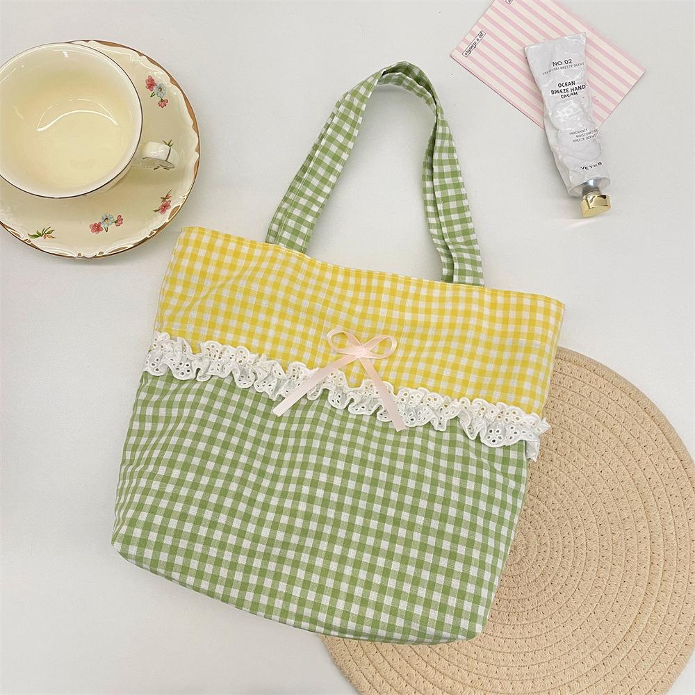 Sweet Bow Patchwork Lace Shopping Bags for Women Ctrast Color Plaid Ladies Bento Handbags Lightweight Portable Female Tote