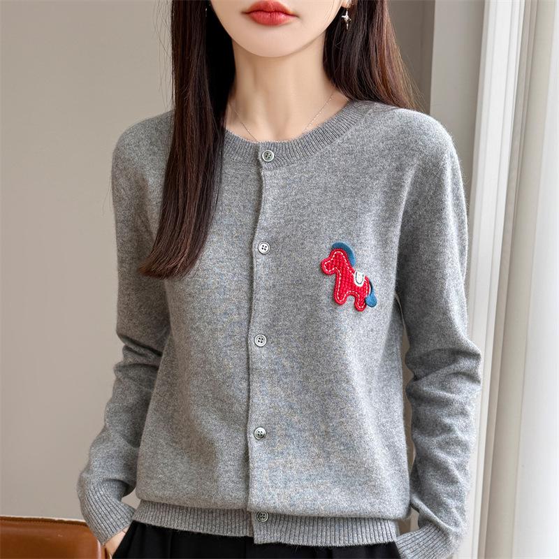 Andy Women's Cozy Cashmere Sweater Coat - Round Neck, Long Sleeve, New Year Horse Design, Age-Reducing Cardigan.