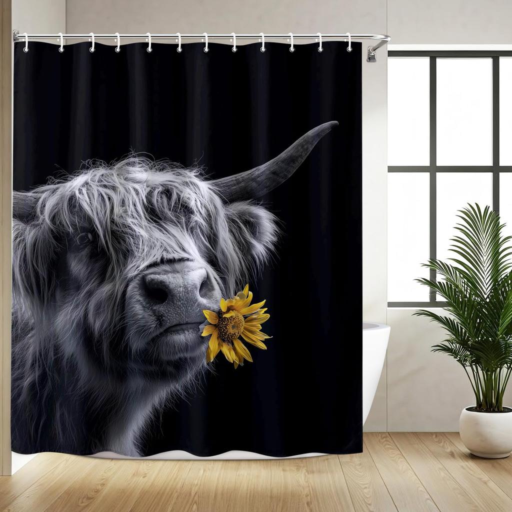 Highland Cow Shower Curtain Rustic Bull Western Farmhouse Cattle Country Restroom Accessories Funny Farm Animal Bathroom Decor