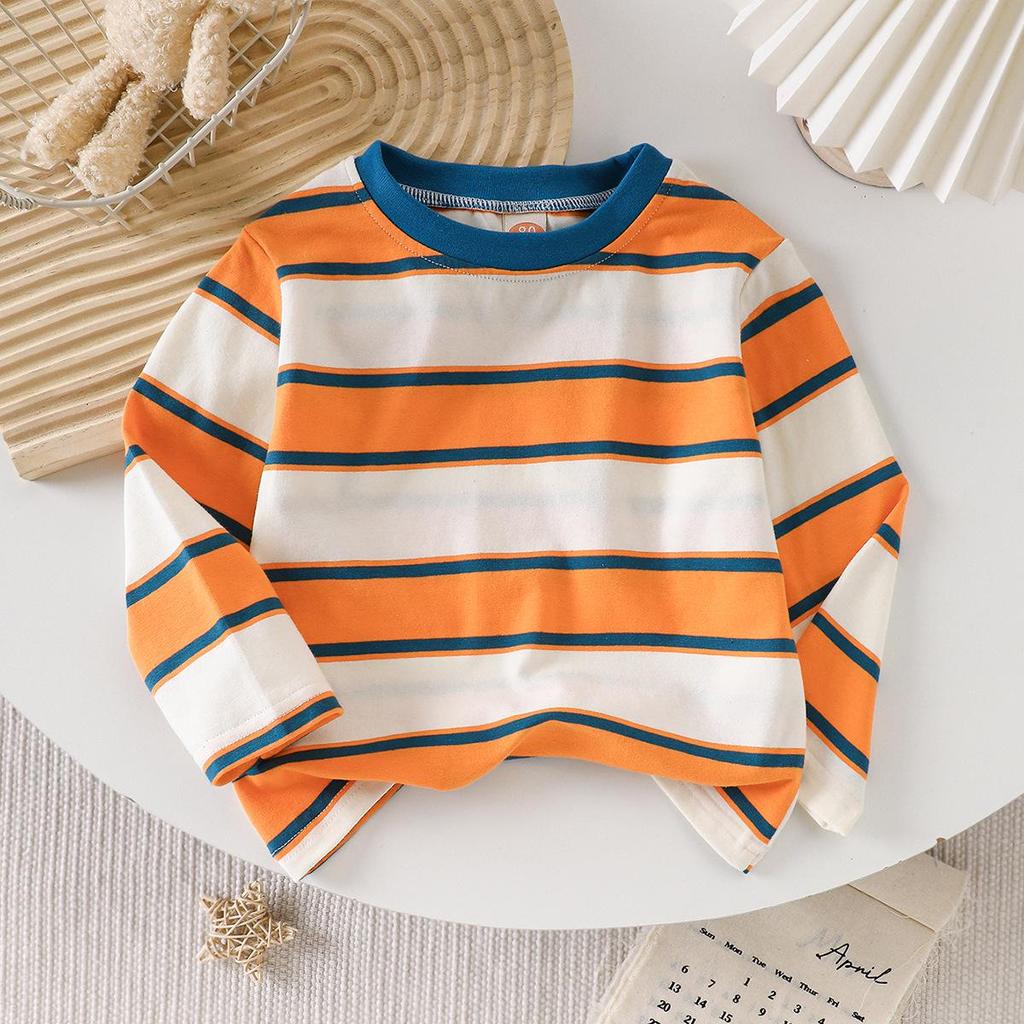 Children's Color-Block Striped Long-Sleeve T-Shirt - Casual and Stylish Round Neck Top for Spring and Autumn