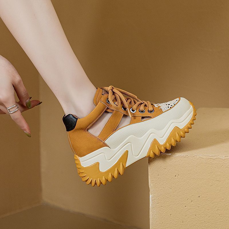 New Lace-up Thick-soled Heightening Dad Shoes for Women 2025 Summer Versatile Fashion Contrasting Colors Hollow Breathable Sports Shoes for Women