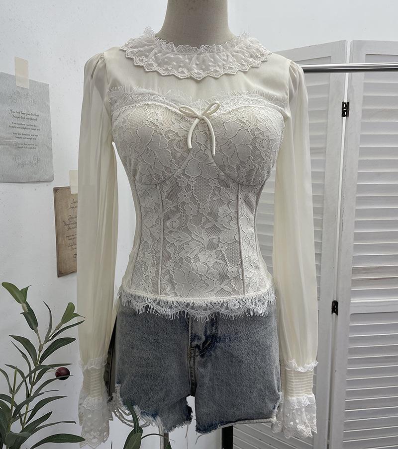 Vintage Mesh Lace Patchwork Slim Long Sleeve Waist-Cinching Shirt with Chest Pads One Size