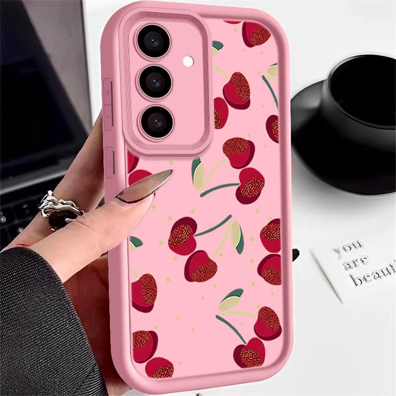 

Мягкий матовый чехол для телефона с принтом вишни для Samsung S25 Ultra S24 FE S23 Plus A56 A16 A36 A55 A06 A26 A15 A35 A05 TPU защита объектива противоударный чехол Samsung S25 Ultra розовый