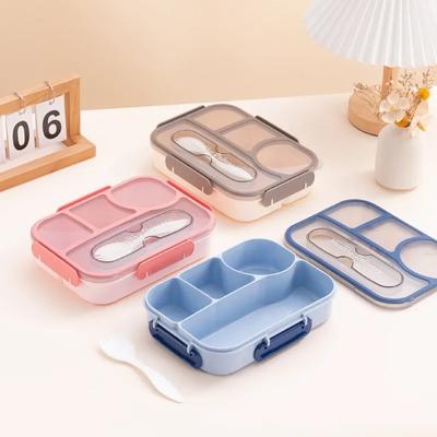 1100 ml Lunchbox mit 4 Fächern, quadratische Lunchbox für Schüler in der Cafeteria, mit Löffel und Gabel, 2-in-1-Geschirr, versiegelt, auslaufsicher, Bento-Box