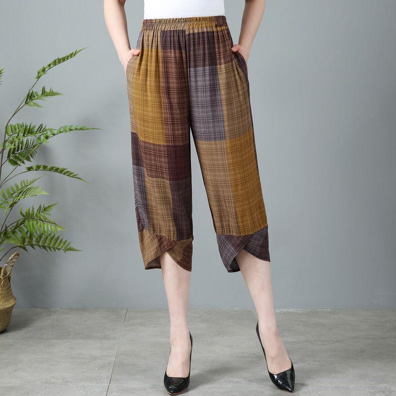 

Летние свободные широкие брюки с высокой талией для женщин старшего возраста, размер «Seven-Point» большого размера, повседневная верхняя одежда из хлопка и льна 3XL