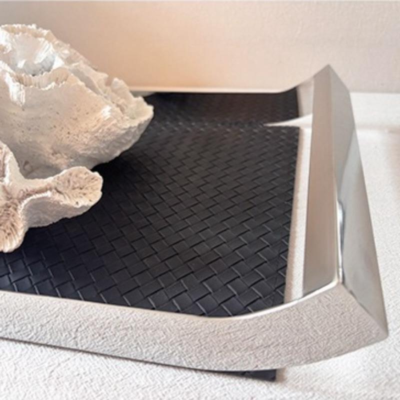 Stainless Steel Organizer Tray Leather Woven Storage Trays Modern Luxury Decorative Tray Rectangular Accessory Trays with Handle