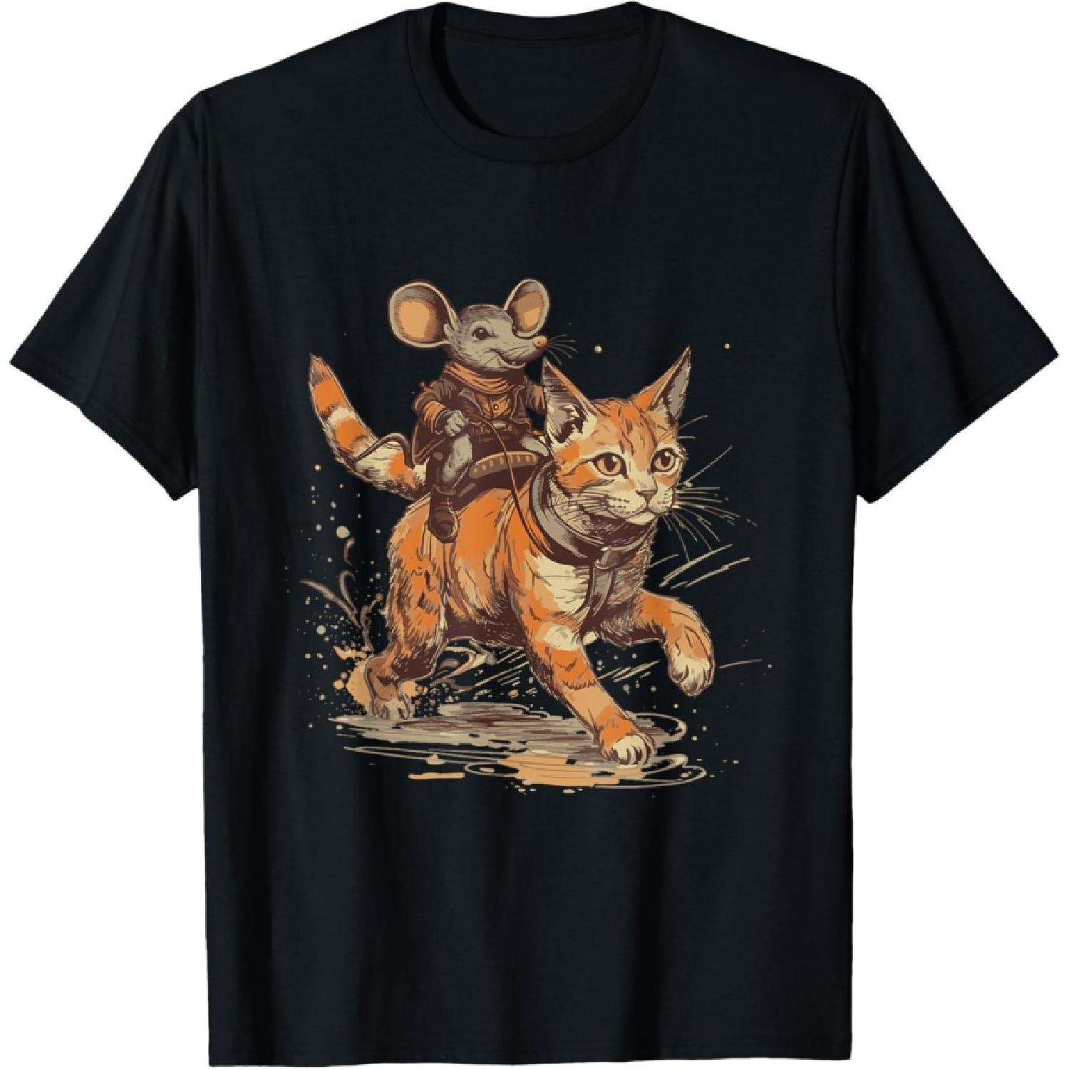 Mouse Rides on Cat Cat and Mouse T-Shirt for Men Women S