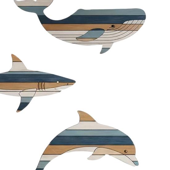 3 Stück Holzfisch Wanddeko Rustikaler Walhai Delfin Strand Küsten Wandkunst Nautische Wandbehang Skulptur für Badezimmer Seehaus Dekor