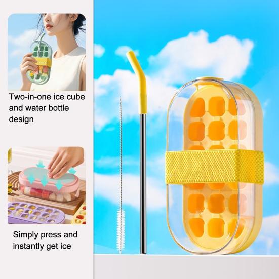 Eiswürfelbecher mit Ein-Knopf-Eiswürfel-Entformung 2-in-1 Eiswürfelform und auslaufsichere Wasserflasche für Eiskaffee Cocktails Säfte