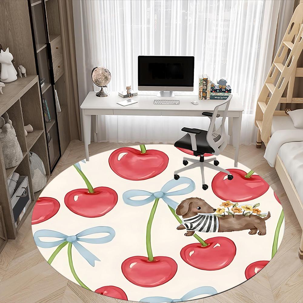 1pc Cherry Dogs Office Round Rug, Non-slip, Soft and Durable Office Rug for Interior Decoration, Perfect for Office, Beautiful Decoration yy260312010