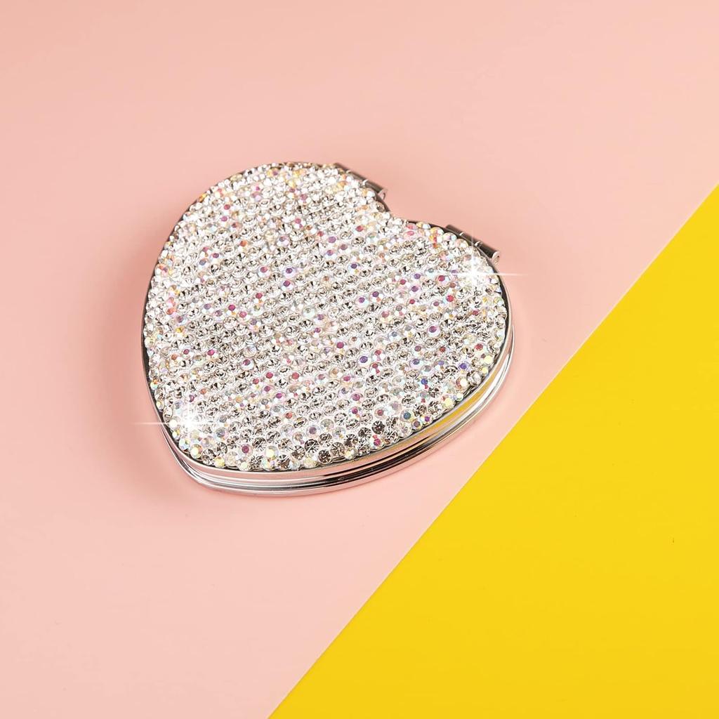AsAlways Rhinestone Compact Pocket Mirror Portable Travel Cute Cosmetic Mirror Folding Handheld Double-Sided 1x/2x Magnifying Purse Mirror (Silver)