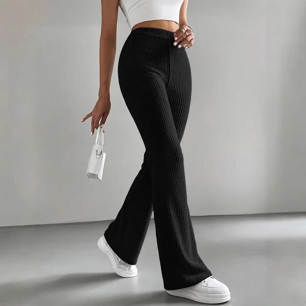 Women s High Waist Ribbed Knit Flare Pants Casual Solid Color Trousers with Elastic Waist S чёрный