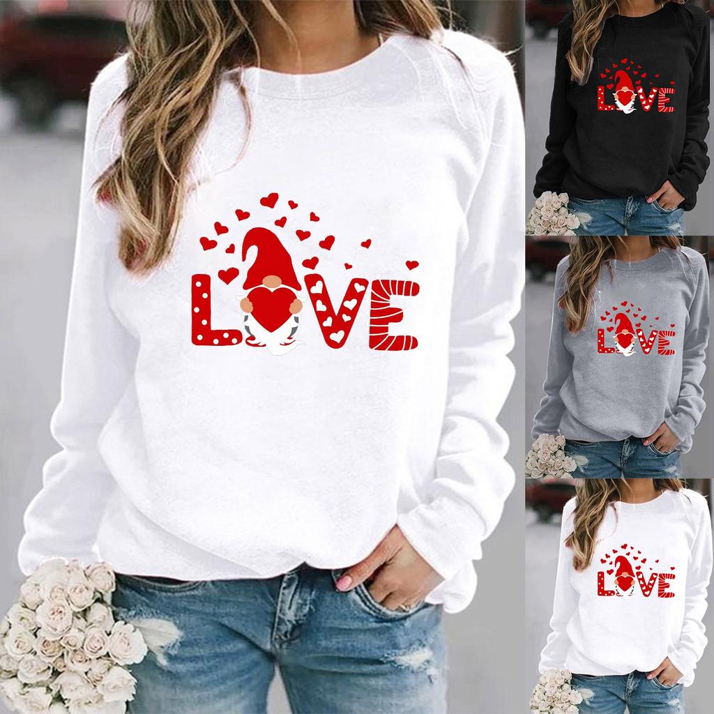 Fashion Womens Loose Valentine's Day Print Round Neck Long Sleeve Sweater Top