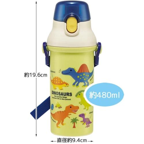 Skater Children's Water Bottle, 480ml, Direct Drinking, Plastic, One-Touch Operation, Dishwasher Safe, Made In Japan, Dinosaur Picture Book, Dinosaur